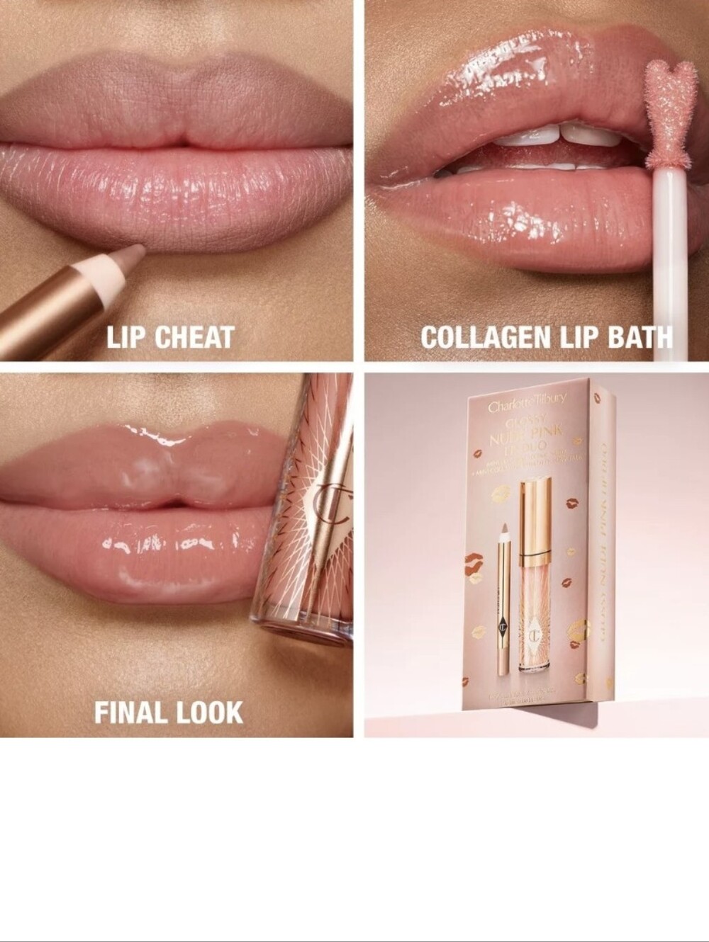 Charlotte Tilbury Glossy Nude Pink Lip Duo w/Lip Cheat & Collagen Lip Bath, NIB - Picture 4 of 10